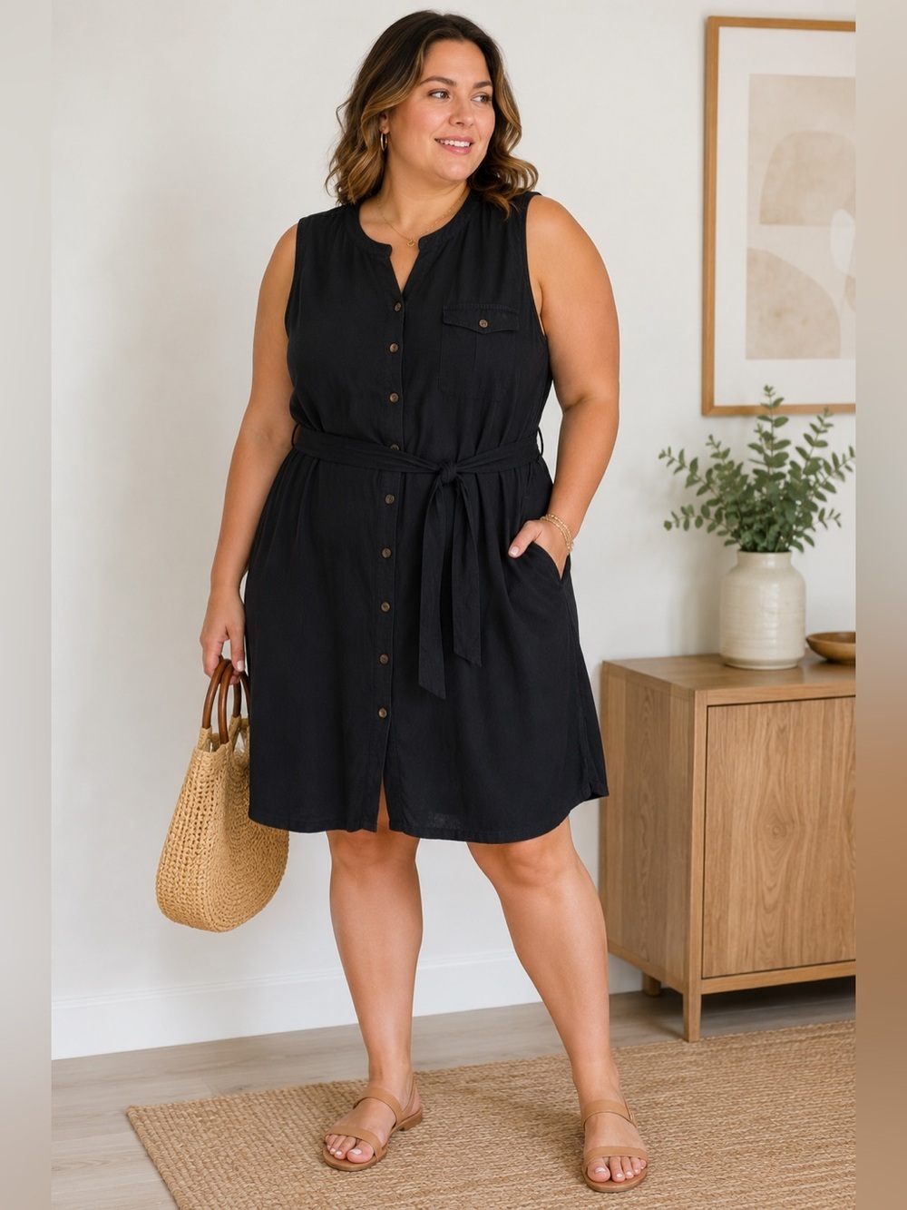 Sonoma Black Linen-Blend Sleeveless Shirt Dress Size XXL Belted Button Front